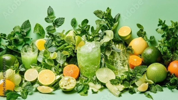 Fototapeta Refreshing assortment of citrus fruits and mint leaves with cocktails on a vibrant green backdrop