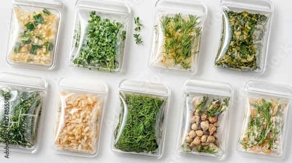 Fototapeta Assorted Fresh Herbs in Transparent Bags on White Background for Culinary Use and Recipe Inspiration