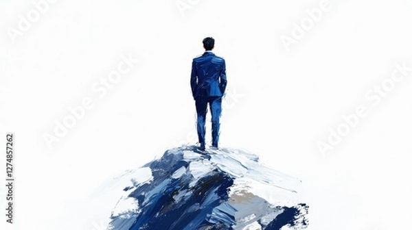 Obraz Businessman Standing on a Mountain Peak Overlooking Vast Landscape