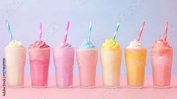Fototapeta Colorful milkshakes in tall glasses with whipped cream and straws against a pastel background