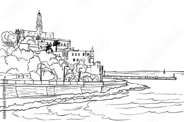 Obraz Nice view of the Old Jaffa, Tel Aviv, Israel. Ancient Harbor. Urban landscape. Hand drawn sketch. Line art. Vector illustration on white background.