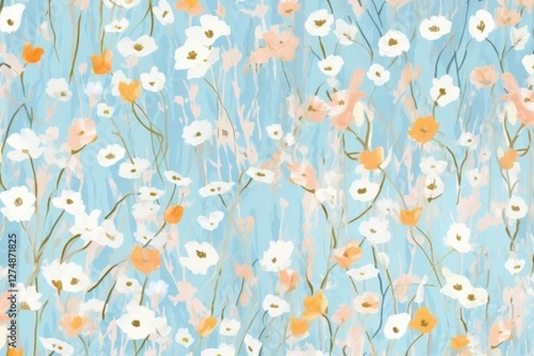 Fototapeta Floral pattern on light blue delicate flowers create a serene, decorative background for designs