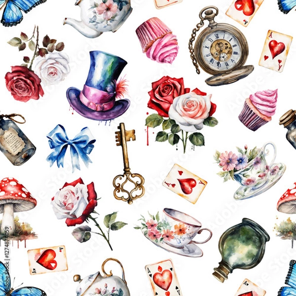 Fototapeta Watercolor red and white roses, poison, hat, cards on white background. Wonderland seamless pattern of Mad Hatter. Vector illustration. Texture for fabric, wrapping, wallpaper, print