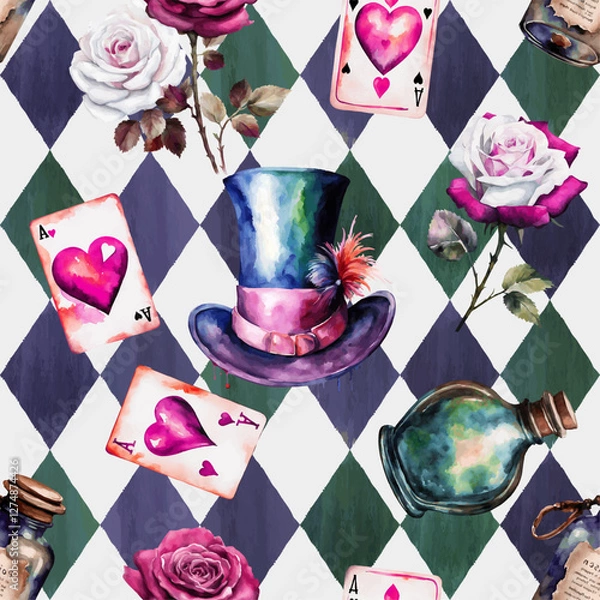 Fototapeta Watercolor red and white roses, poison, hat, cards on checkered background. Wonderland seamless pattern of Mad Hatter. Vector illustration. Texture for fabric, wrapping, wallpaper, print