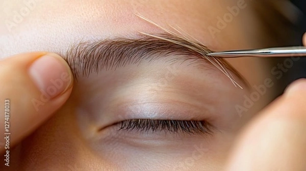 Fototapeta A magnified view of eyebrow hairs being trimmed to create a symmetrical shape