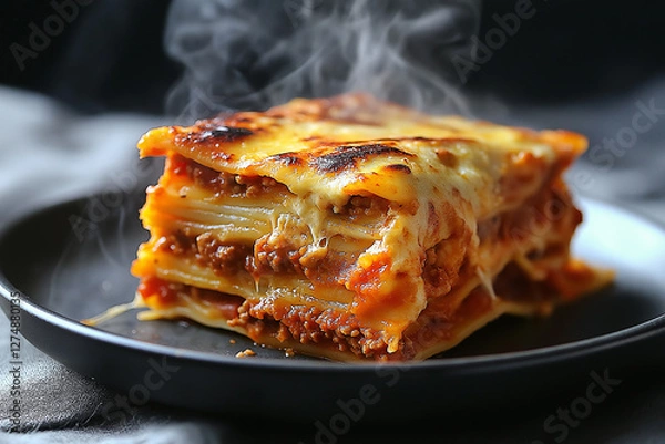 Obraz Delicious Steaming Lasagna on Dark Plate