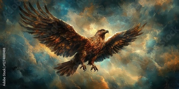 Fototapeta Golden eagle soars majestically through a dramatically clouded sky