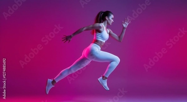 Obraz A fit woman performing dynamic running motion, illuminated by vibrant pink and blue studio lighting, depicting energy and fitness.

