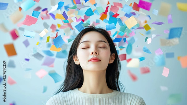 Fototapeta woman with closed eyes surrounded by colorful paper pieces, symbolizing stress management and relaxation techniques. vibrant colors create sense of chaos and calm