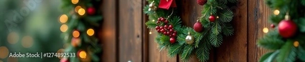 Fototapeta Festive wreaths and garlands on a rustic wooden door, decorations, natural, bokeh