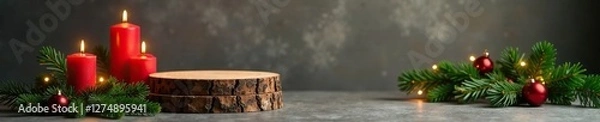 Obraz Wooden podiums with candles and evergreen branches, festive, concrete, candles