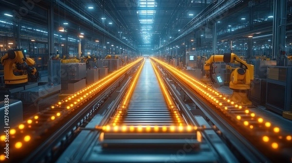 Fototapeta Futuristic Factory Assembly Line with Robots and Automated Systems