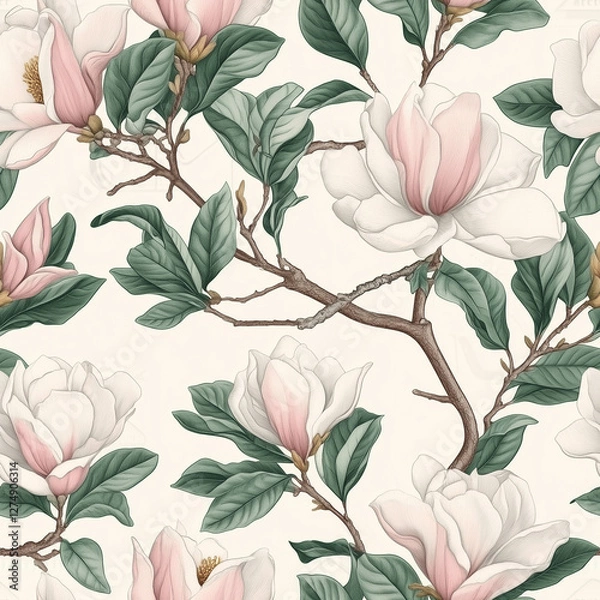 Fototapeta Magnolias rich cream background soft pink and white flowers with a delicate touch