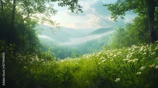Obraz Peaceful Appalachian meadow blooming wildflowers lush greenery crisp spring air