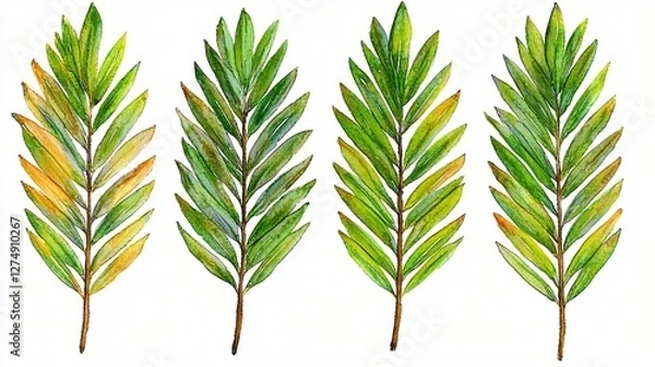 Fototapeta Four palm leaves, various colors, white background, botanical illustration, design element