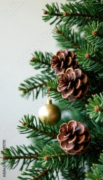 Obraz Wooden Christmas tree branch with pinecones and greenery , christmas, evergreen, natural