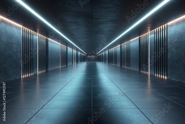 Fototapeta 3D render of an empty black room with steel slat wall and white LED stripes, captured in low-angle shot with symmetrical perspective grid, featuring a dark gray color palette in high resolution.