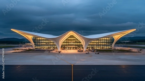 Fototapeta Modern airport terminal illuminated at dusk, showcasing its unique architectural design.