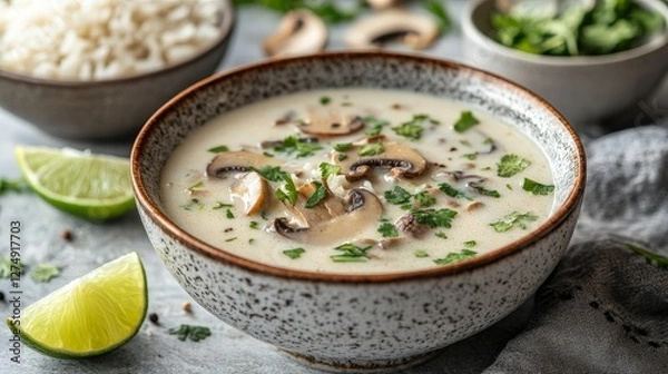 Obraz A bowl of creamy mushroom soup garnished with herbs, lime, and served with rice.