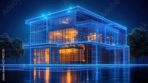 Fototapeta Nighttime wireframe house design, landscape, digital, architecture