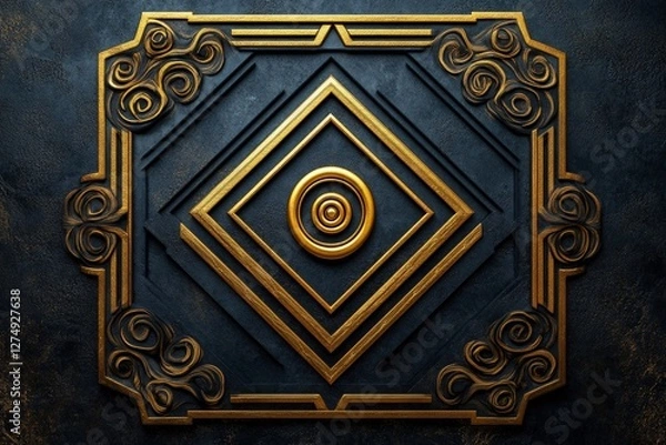 Fototapeta Intricate golden geometric design on a textured dark background, showcasing elegance and artistry
