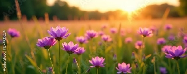 Fototapeta Field of Distelblume Lila wiesenblume in late afternoon sunlight, field, nature, wiesenblume