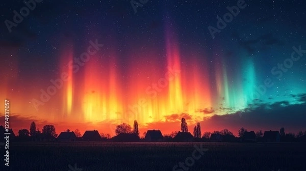 Fototapeta Colorful Aurora Borealis Over Silhouetted Houses