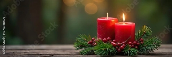 Fototapeta Red candle on a wooden bench with pine needle and berry arrangement, arrangement, bench