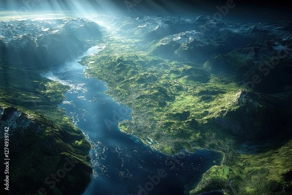Fototapeta Aerial view of a lush green valley surrounded by majestic mountains and a serene lake