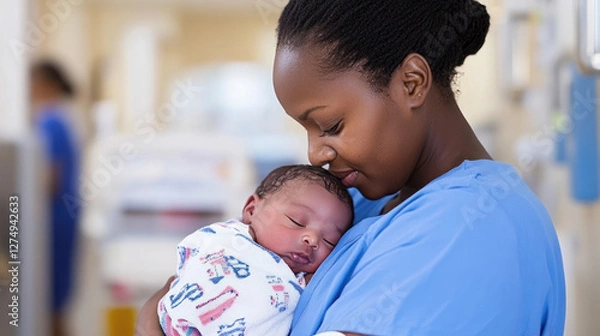 Fototapeta Black nurse doctor woman carrying a newborn baby at pediatric home care healthcare
