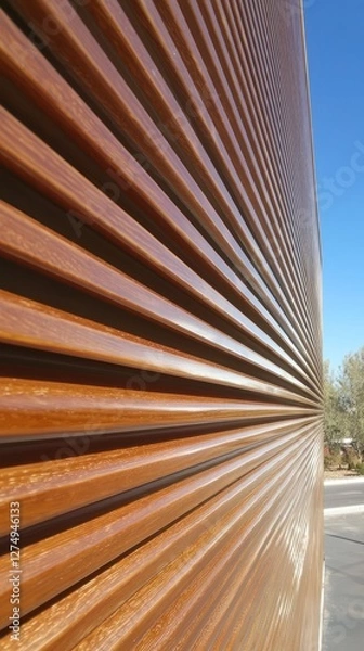 Fototapeta Close-up of a textured wall with horizontal lines against a clear blue sky.