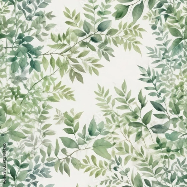 Fototapeta Pastel green watercolor foliage on a creamy white background with subtle texture ,  serene atmosphere,  calm environment,  floral patterns