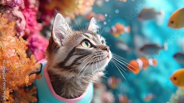 Fototapeta A tabby cat as a deep-sea diver wearing a sleek pastel diving suit Whimsical illustration of a diving cat exploring underwater in pastel gear 