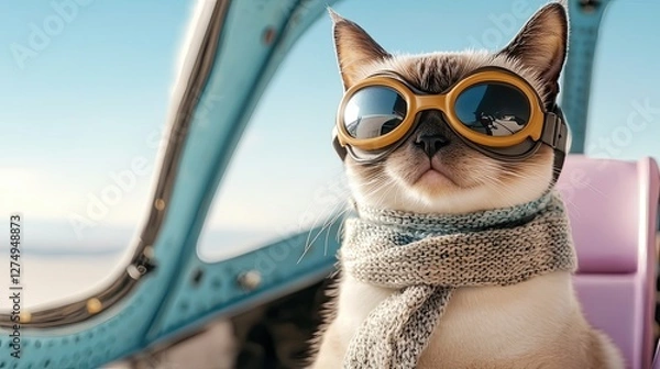 Fototapeta Cat as a pilot a sleek Siamese wearing aviator goggles A sleek Siamese cat as a pilot, wearing stylish aviator goggles Whimsical depiction of a Siamese pilot cat ready for takeoff with goggles