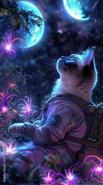 Fototapeta A Siamese cat as a space explorer wearing a rugged pastel spacesuit Whimsical depiction of a space-exploring Siamese cat in stylish pastel gear 