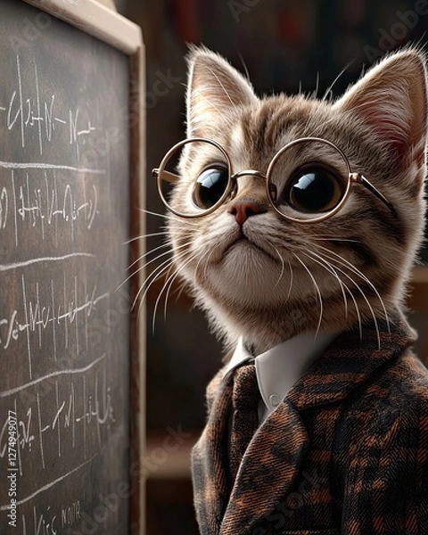Fototapeta A studious cat as a teacher wearing round glasses and a classic tweed jacket Whimsical depiction of a teacher cat with round spectacles and tweed attire 