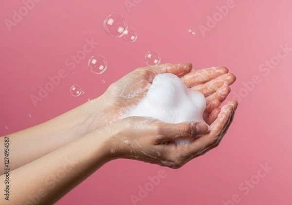 Fototapeta Hands holding soap foam, delicate bubbles floating, soft pink background