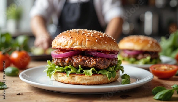 Fototapeta Delicious burger with lettuce and onions on a wooden table
