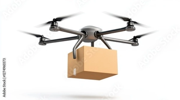 Fototapeta Drone Delivering Cardboard Package on White Background for Modern Logistics