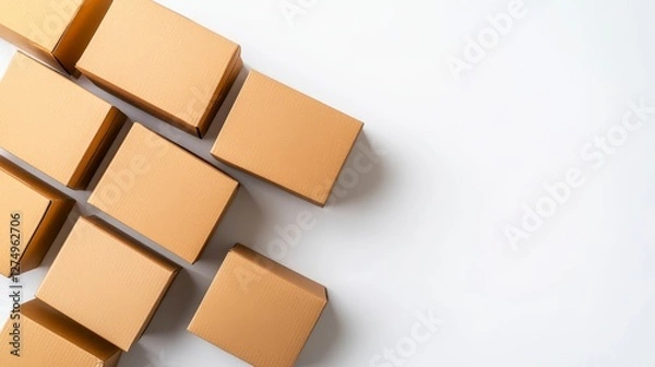 Fototapeta Neat Stack of Brown Cardboard Boxes on White Backdrop for Shipping Needs