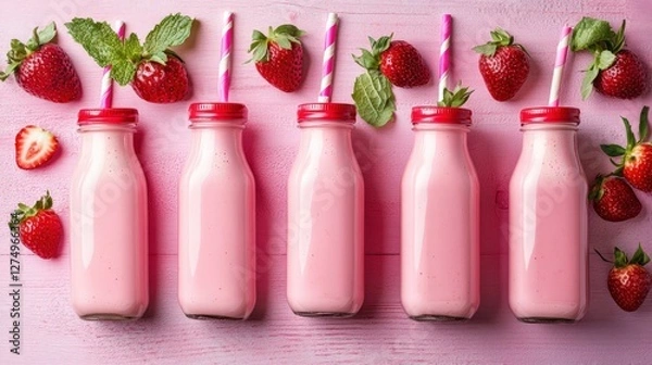 Fototapeta Five bottles of strawberry milkshake with fresh strawberries and mint leaves on a pink wooden table