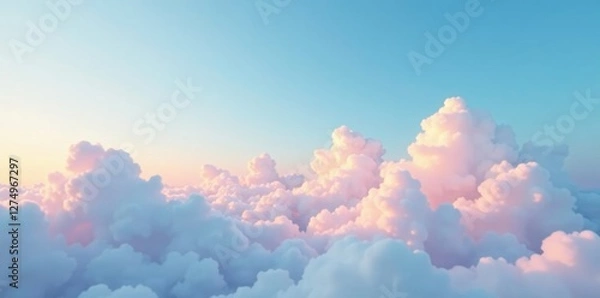 Obraz Softly glowing clouds float across a blue sky, pastel, white