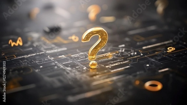 Fototapeta Golden Question Mark on Futuristic Tech Background  Enigma  Mystery  Inquiry  Digital  Inn
