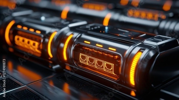 Fototapeta Rows of electric vehicle battery packs with highlighted connection points, set against a futuristic grid-pattern background, energy future concept