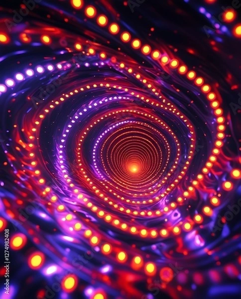 Fototapeta Mesmerizing glowing vortex with orange and purple light trails, highlighting futuristic design, abstract depth, and vibrant aesthetics in a surreal tunnel-like digital composition

