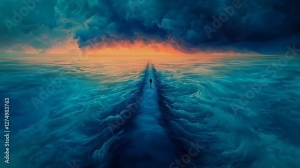 Fototapeta A solitary figure walks along a surreal ocean path under dramatic clouds at sunset