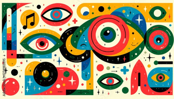 Fototapeta Abstract Colorful Geometric Art Print with Eyes Music Note and Stars