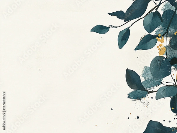 Fototapeta Elegant botanical illustration featuring teal leaves and gold accents on a soft beige background