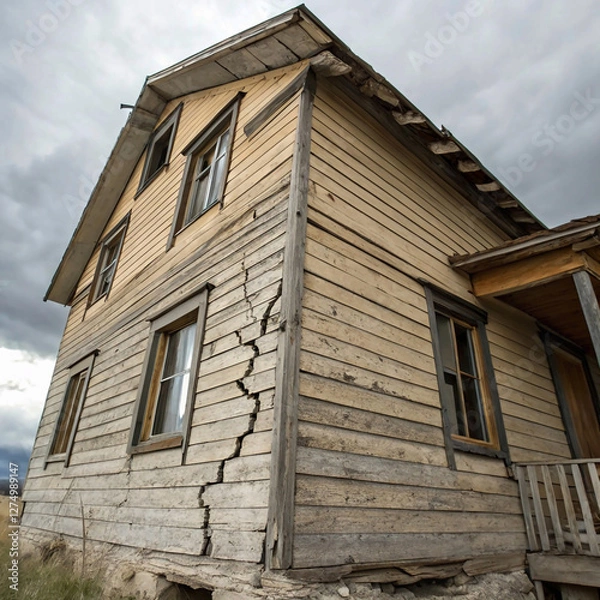 Fototapeta An old, weathered house showing significant signs of structural failure, with large cracks and peeling paint indicating years of neglect and potential safety hazards