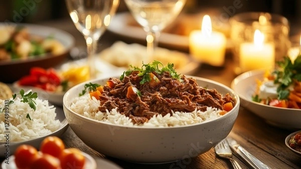 Fototapeta A cozy dining scene featuring a bowl of beef stew over rice, surrounded by various dishes.